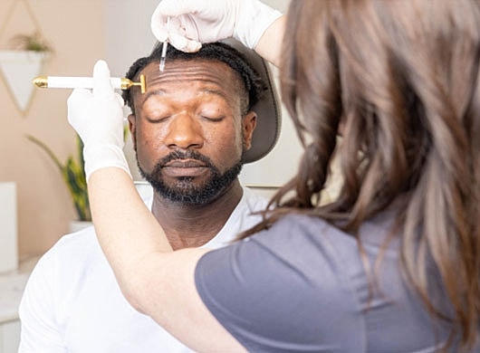 Skincare treatment session with micro-needling technique.